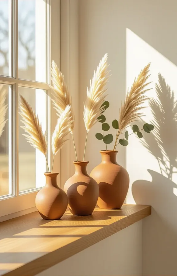Medium shot sunlit wooden windowsill living room showcasing