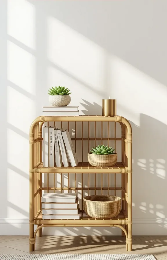 Medium shot slim open-back rattan bookshelf unit standing