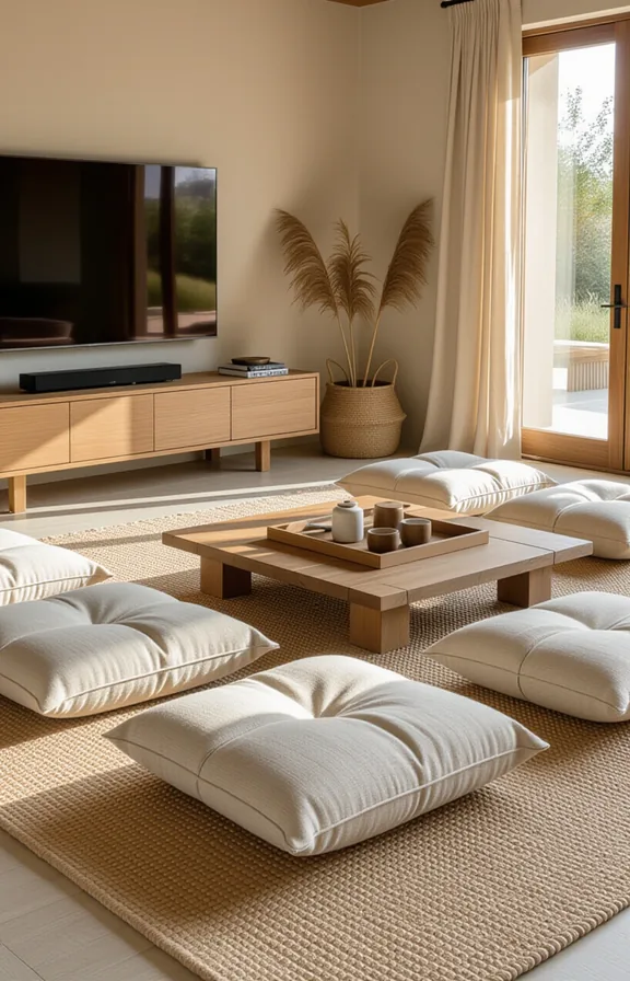 Wide shot lounge area natural jute area rug