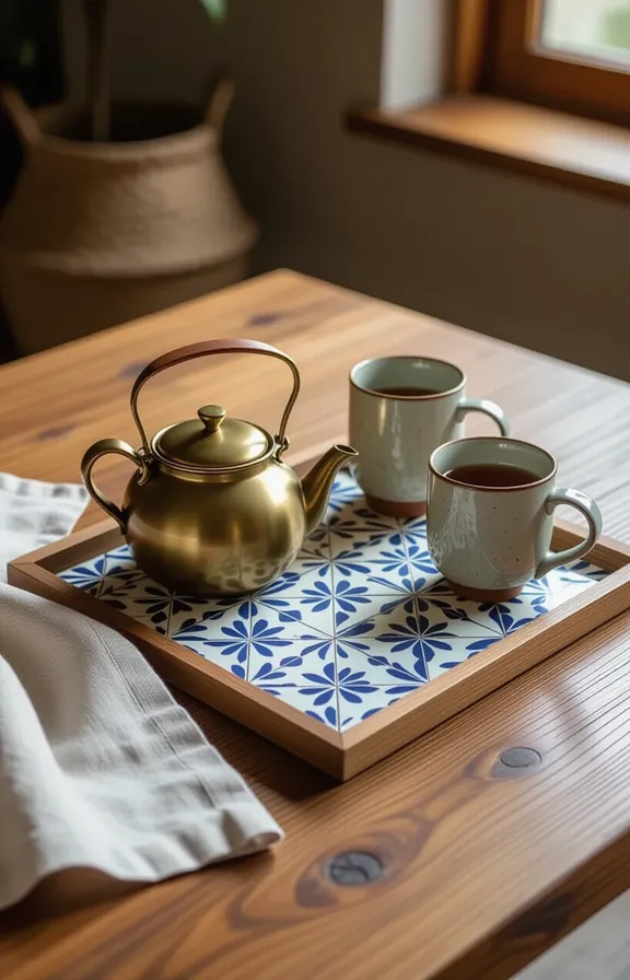 wooden coffee table surface featuring hand-painted ceramic tile