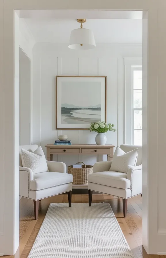 white walls, white trim, minimal clearance between furniture pieces