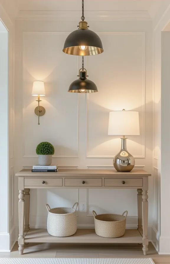 Medium shot of entryway with three different lighting fixtures of mismatched styles and finishes