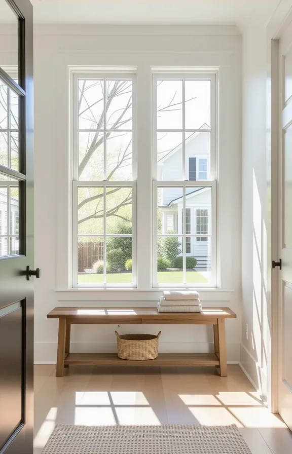 3/4 view of bright entryway with bare windows showing direct outdoor view