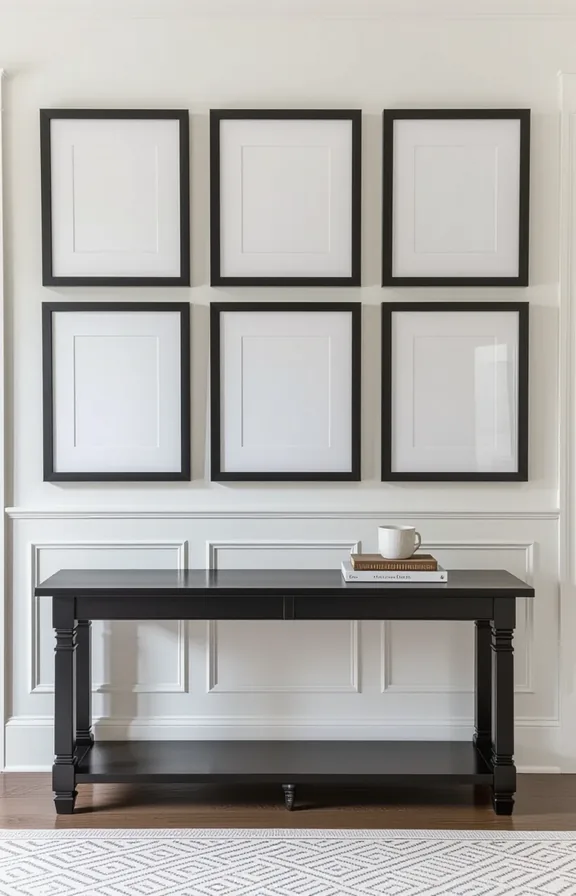white walls, soft morning light, frames feel weighty and dark against bright backdrop