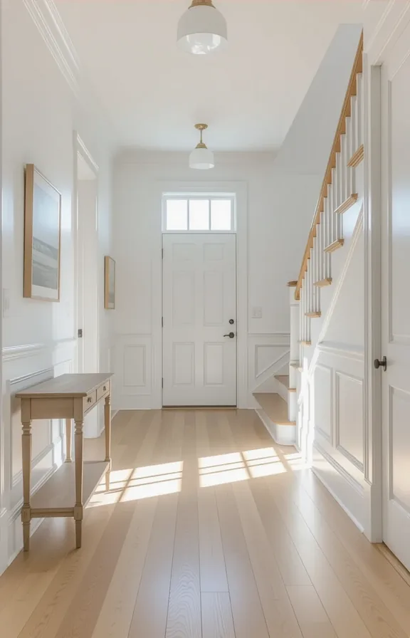 white walls, white painted door, console table pushed to one side