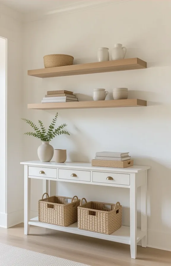 3/4 view of entryway with floating shelves mounted very high near ceiling above a white console t