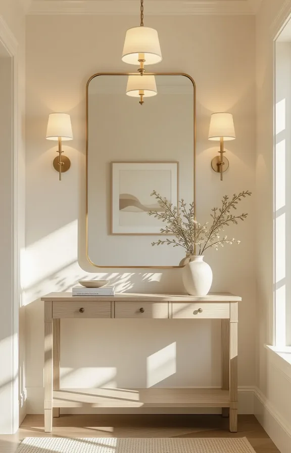 3/4 view of an entryway mirror mounted at ceiling height above a narrow console table