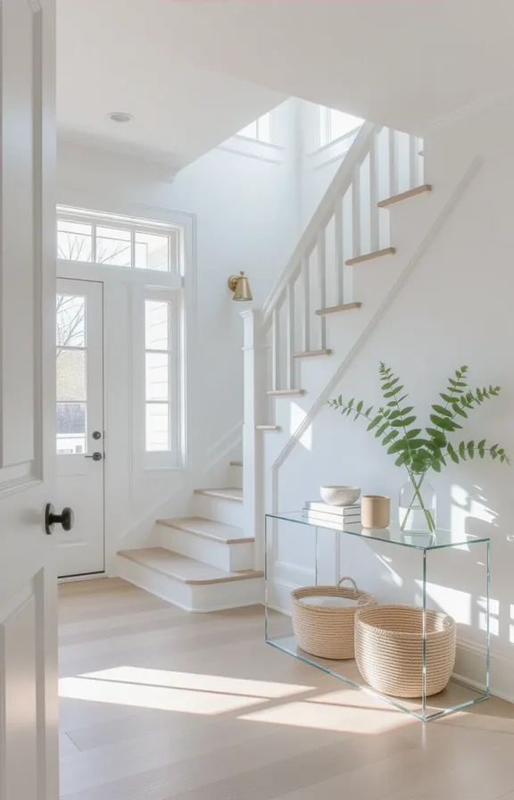 Medium shot of a bright entryway with white walls