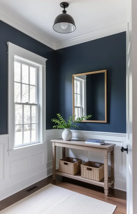 3/4 view of entryway painted in deep charcoal or navy