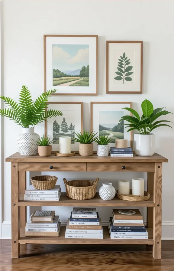 stacked books, multiple frames, candles, plants all crowded together with no negative space