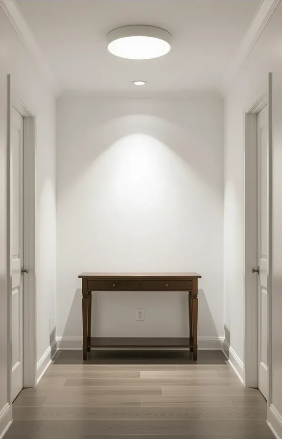 3/4 view of entryway lit only by harsh overhead flush ceiling fixture creating bright white glare