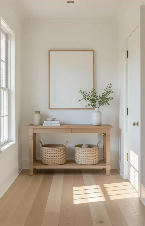 Medium shot of bright entryway with bare white walls above a console table