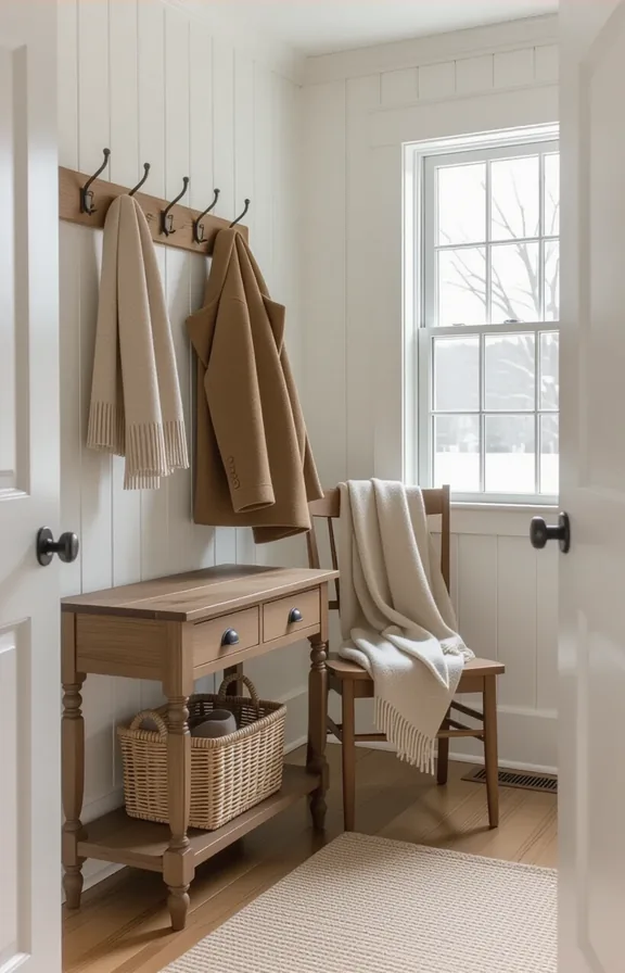 3/4 view of entryway wall with no hooks or storage for coats