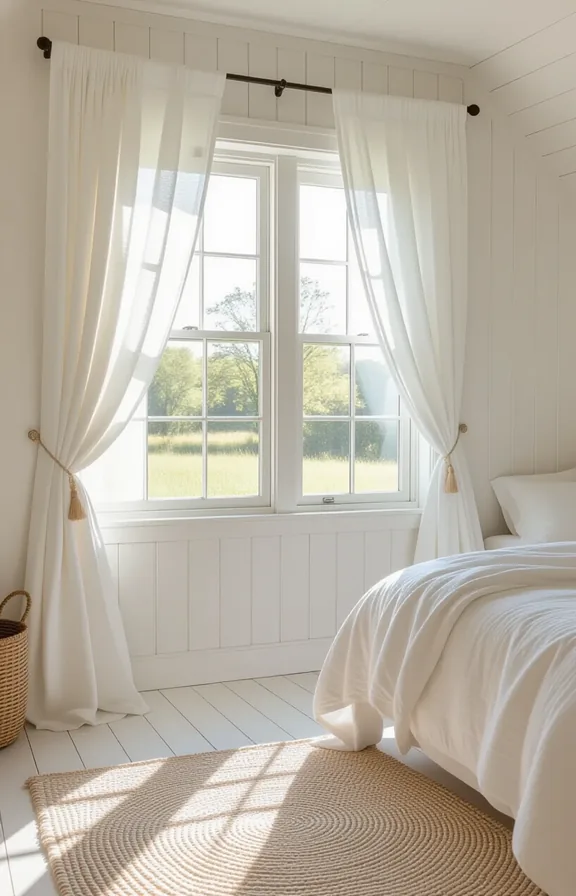 sheer white linen curtains blowing gently inward from