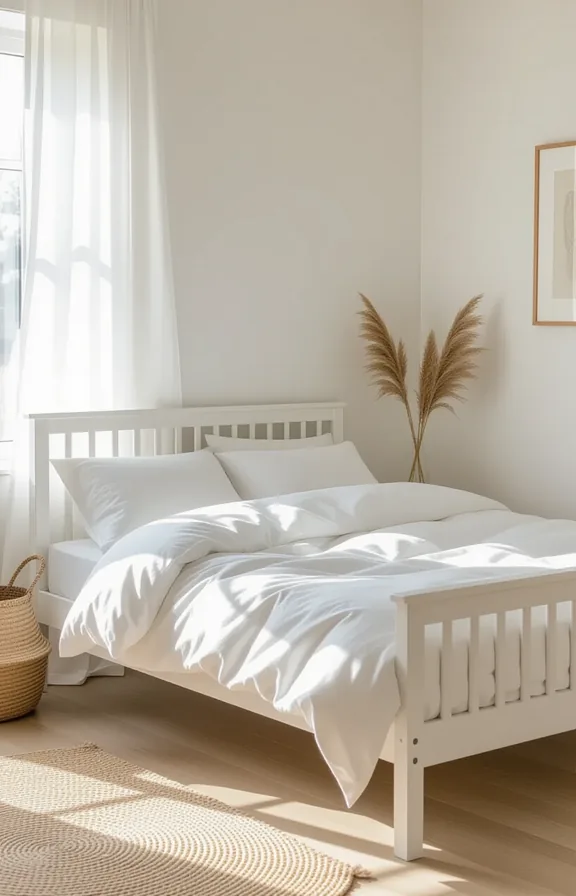 3/4 view simple whitewashed wooden bed frame with