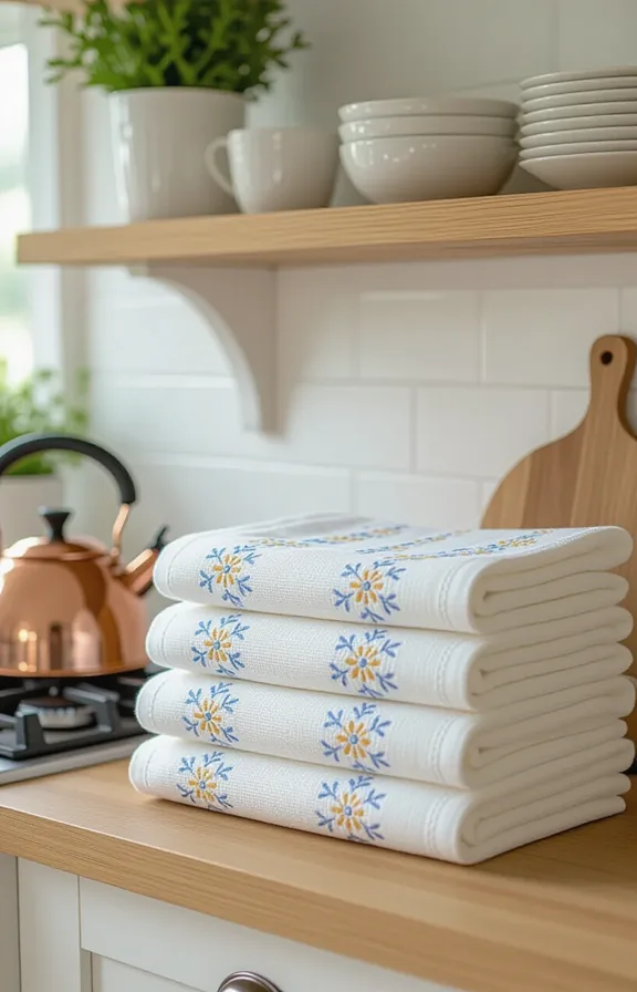 stack neatly folded linen tea towels with delicate