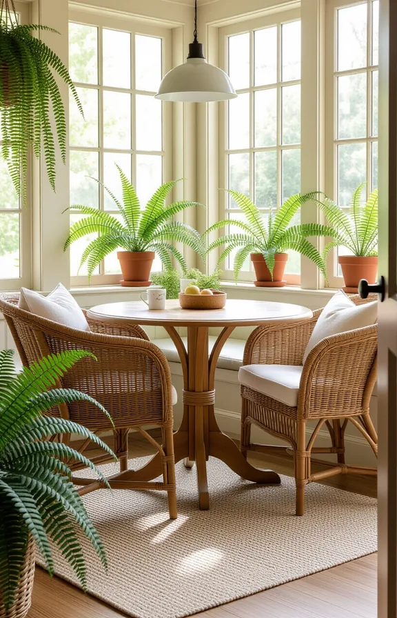 3/4 view small breakfast nook with wicker-seated chairs