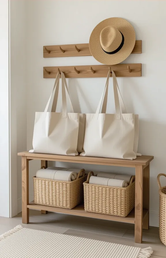 freestanding wooden shelf holding few canvas tote bags