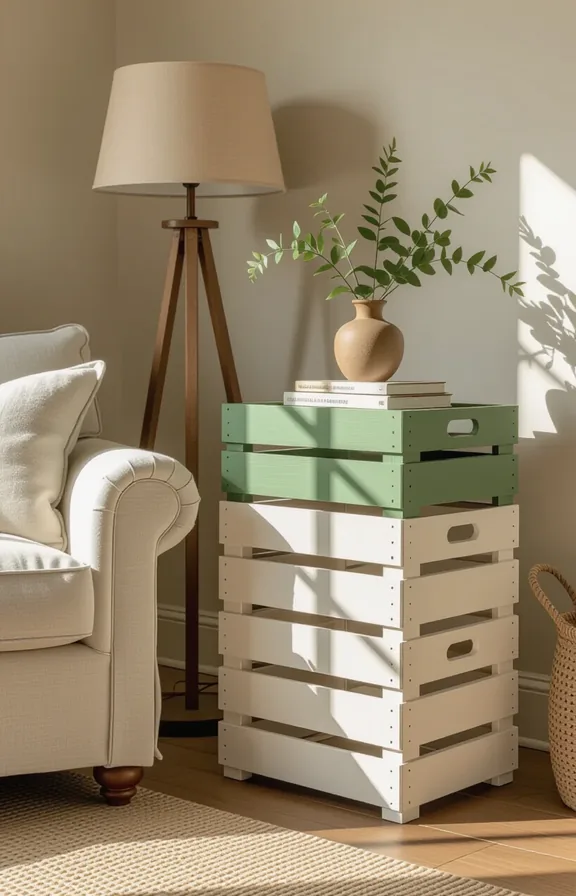 3/4 view stack painted wooden crates cream and
