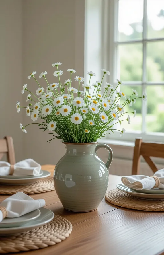 Medium shot large stoneware jug holding loose bouquet