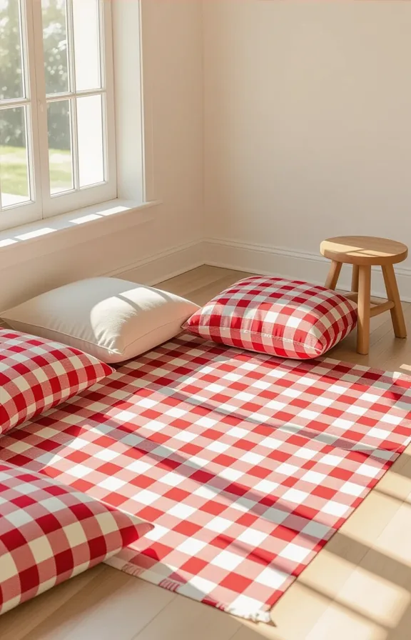 red gingham picnic blanket spread light wood floor