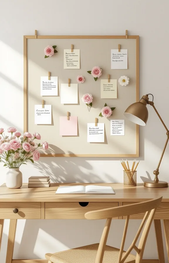 large linen-covered bulletin board pinned with dried flowers