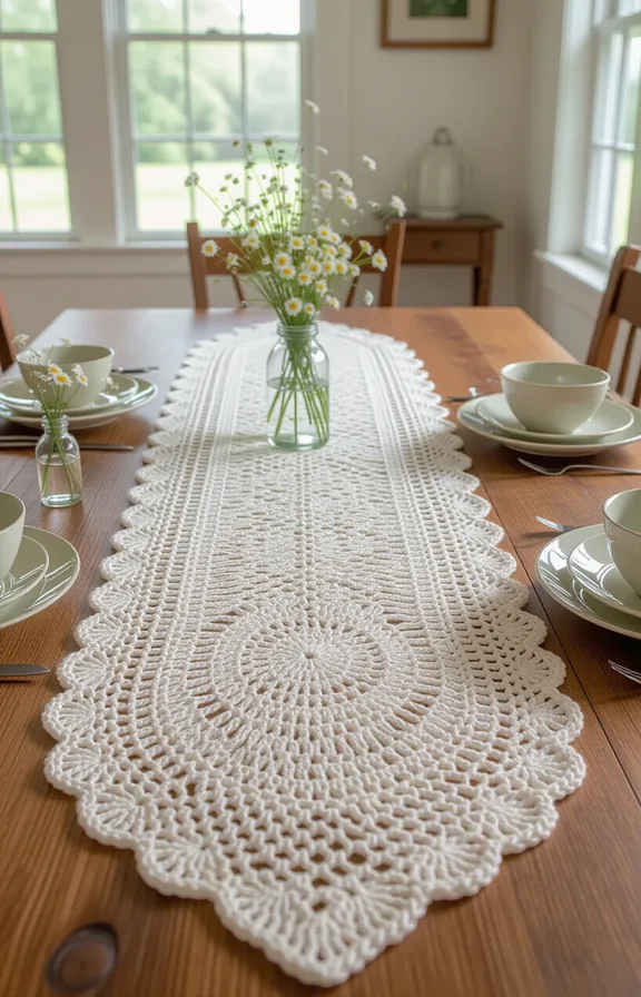 3/4 view long crochet doily table runner down