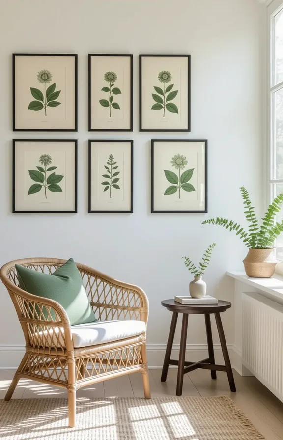 Medium shot wall arrangement vintage botanical prints thin
