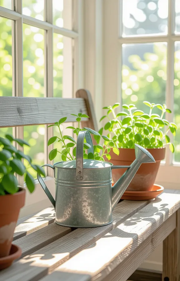 galvanized tin watering can sitting wooden garden bench