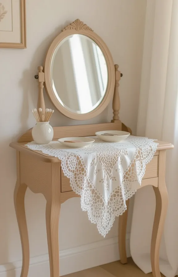 Medium shot freestanding wooden dressing table draped with delicate white lace in a bright, airy bedroom.