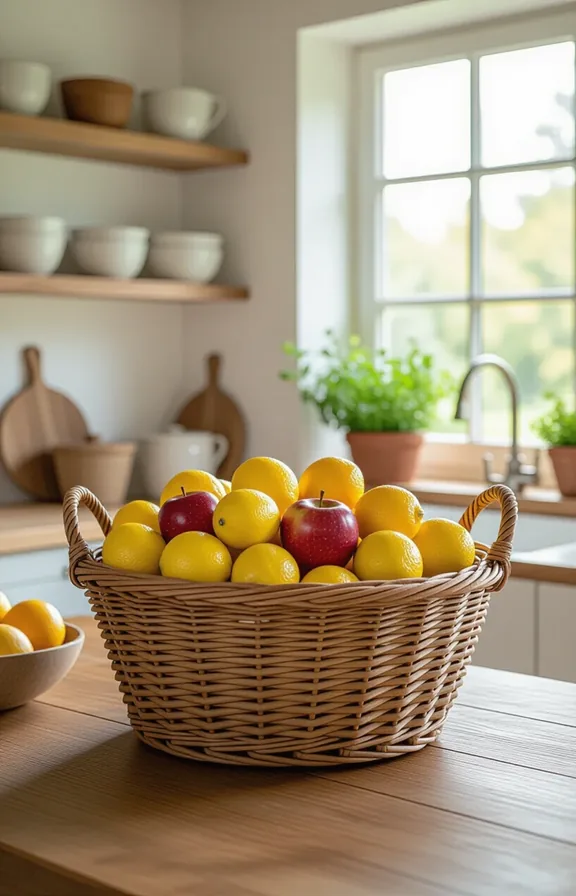 large rustic wicker basket overflowing with lemons apples