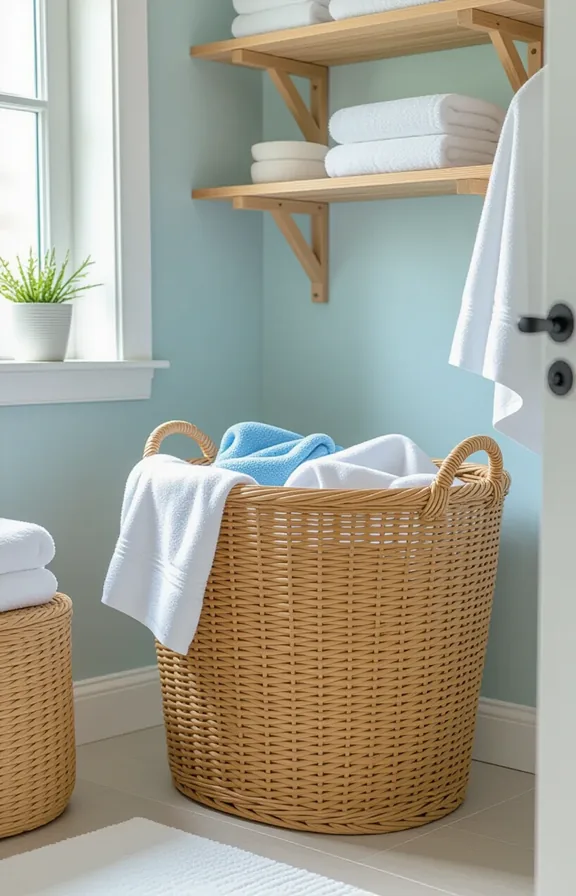Medium shot open-topped rattan laundry hamper with linen