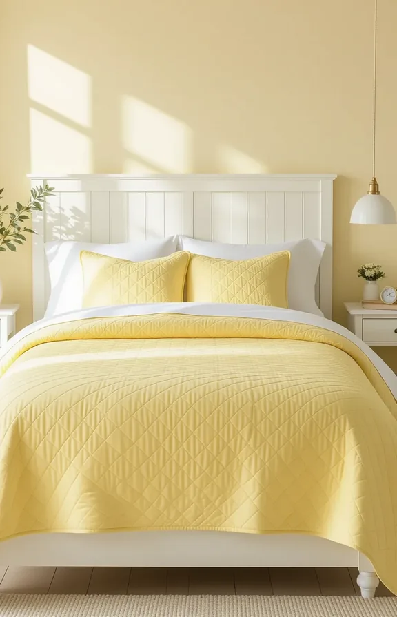 pastel quilted coverlet soft yellow and white draped