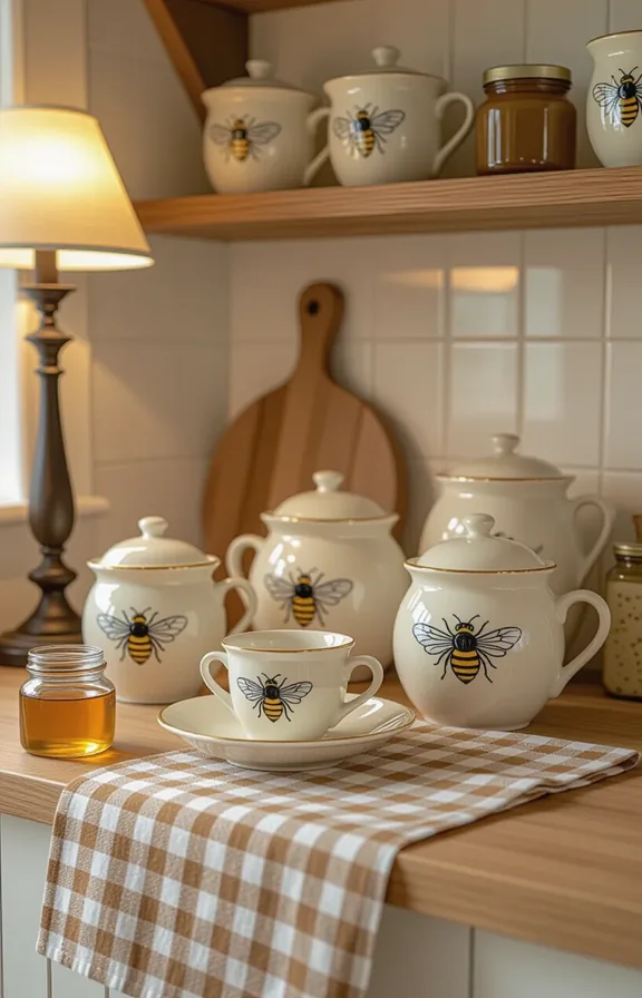 3/4 view collection bee motif ceramic honey pots