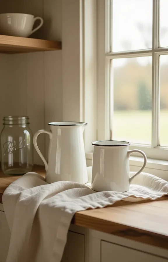 3/4 view of a vintage white enamelware pitcher and mug displayed on a wooden open shelf in a cottagecore kitchen