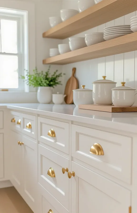 3/4 view of vintage-style brass and ceramic cabinet hardware installed on white painted kitchen c