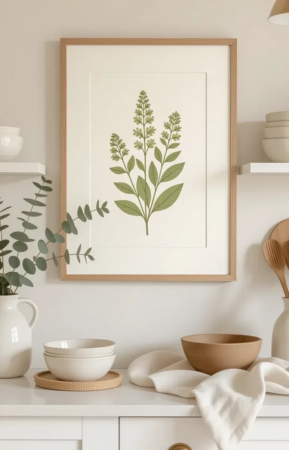 3/4 view of framed pressed botanical wall art in simple wooden frames hung above a white kitchen