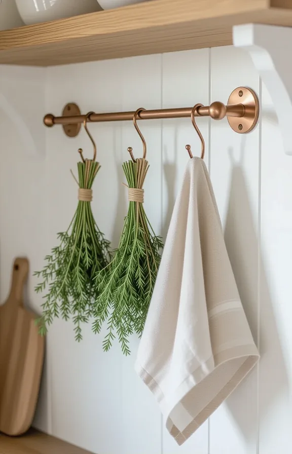 soft overcast light, cottage kitchen setting with open shelves
