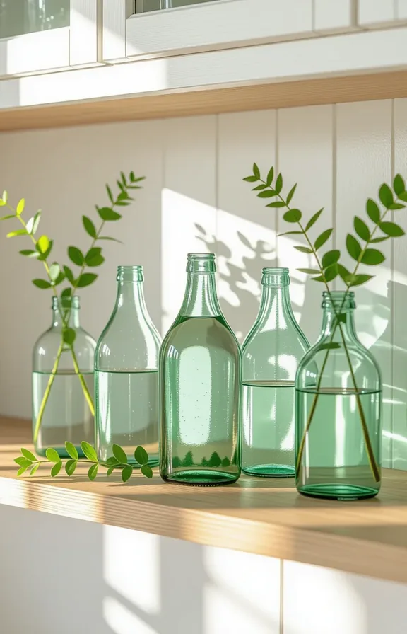 3/4 view of vintage glass bottles in clear and soft green tones filled with water and fresh green
