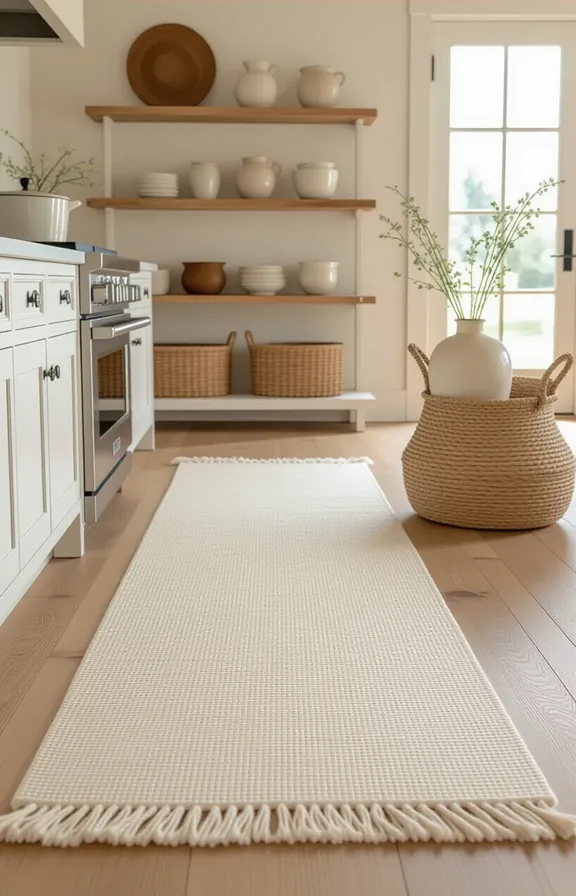soft golden light, farmhouse cottage interior, warm beige and white tones