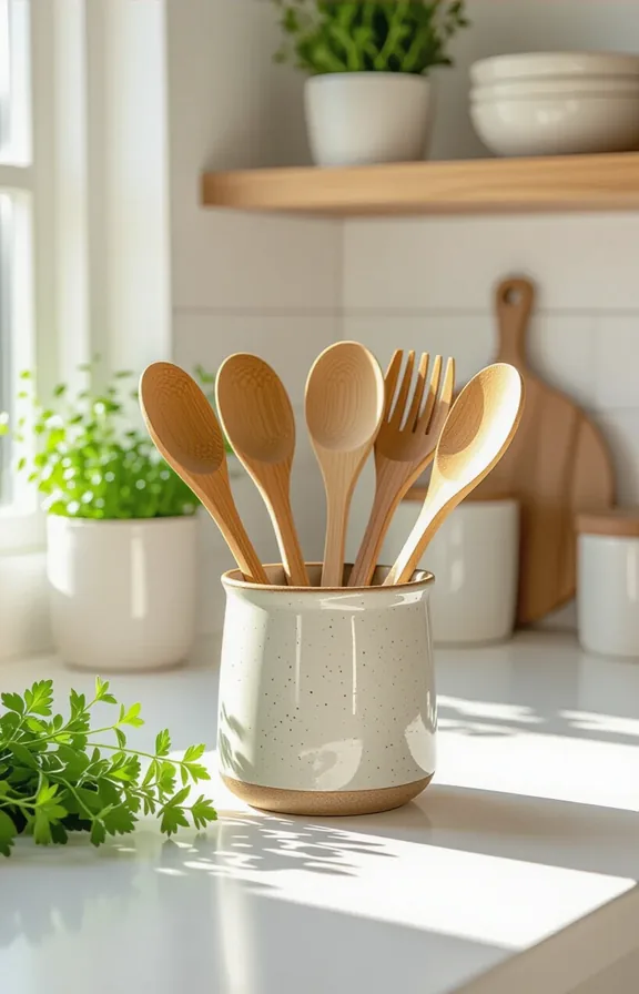 3/4 view of a wooden spoon and utensil set in natural wood and vintage metal tones displayed in a