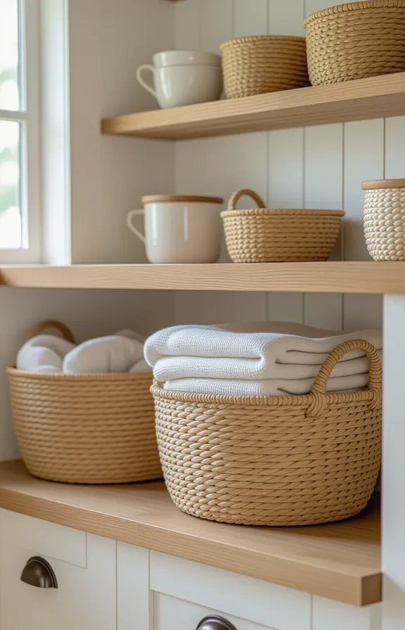 one basket holding folded linens, soft morning light