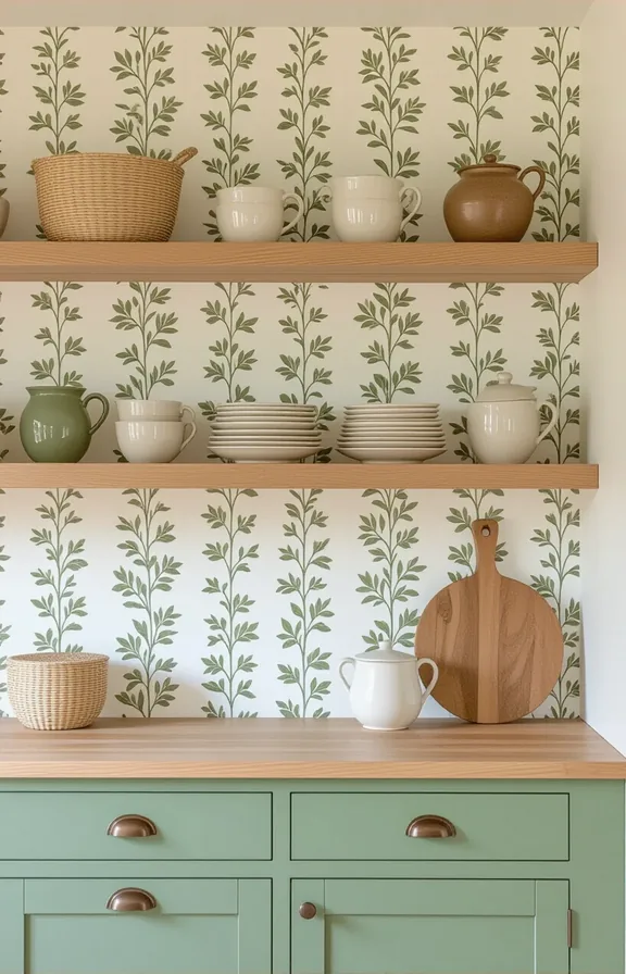 3/4 view of cream and sage peel-and-stick wallpaper applied to lower kitchen wall section behind