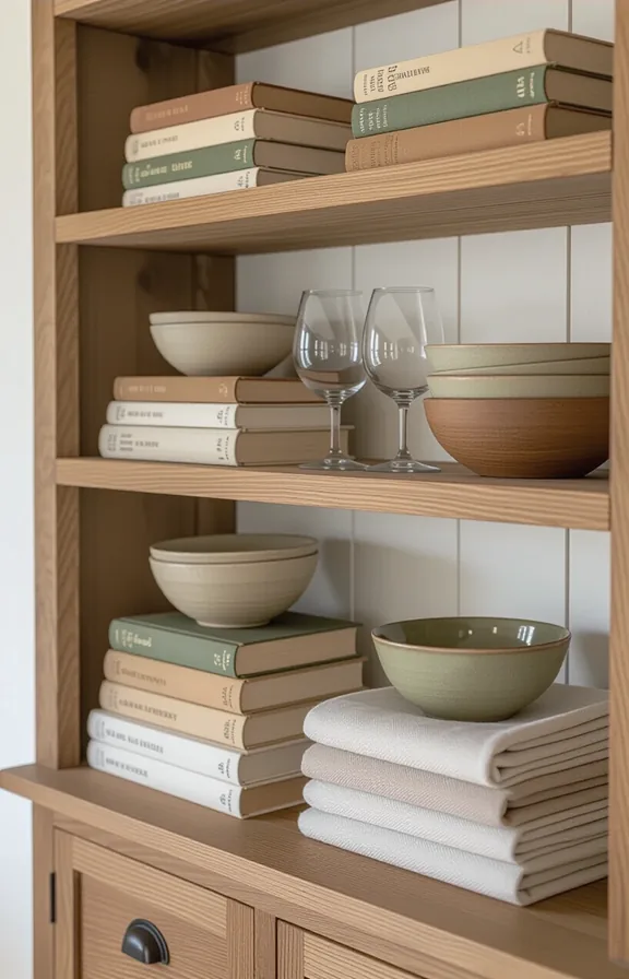 3/4 view of an open wooden shelving unit styled with stacked vintage books