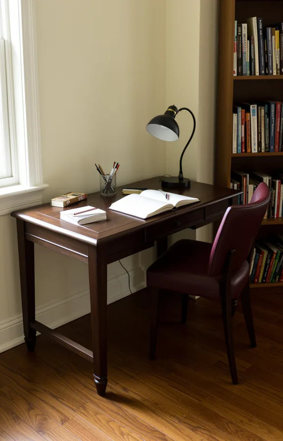Medium shot of a dark wood writing desk positioned as a secondary surface in a living room corner