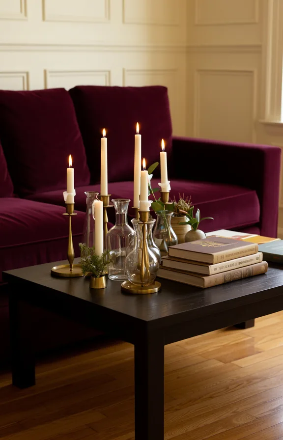 3/4 view of a low dark wood table styled with lit white pillar candles in brass holders