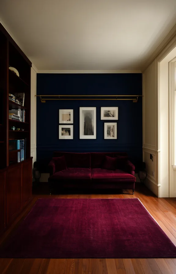 dark wood bookshelf flanking one side, cream wall panelling on adjacent walls