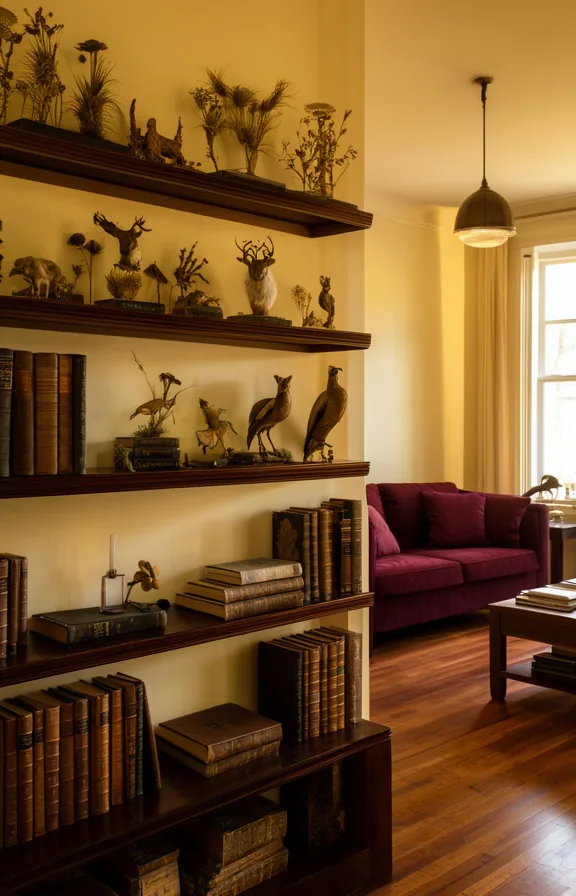 3/4 view of a living room styling featuring preserved botanical specimens and small taxidermy pie