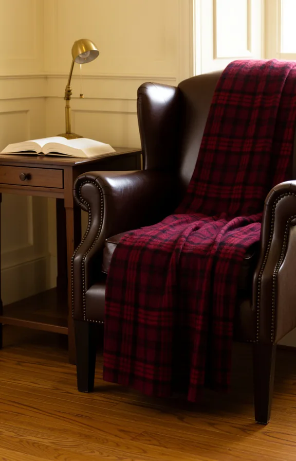 Medium shot of a burgundy plaid wool throw blanket carefully draped over a dark leather wingback