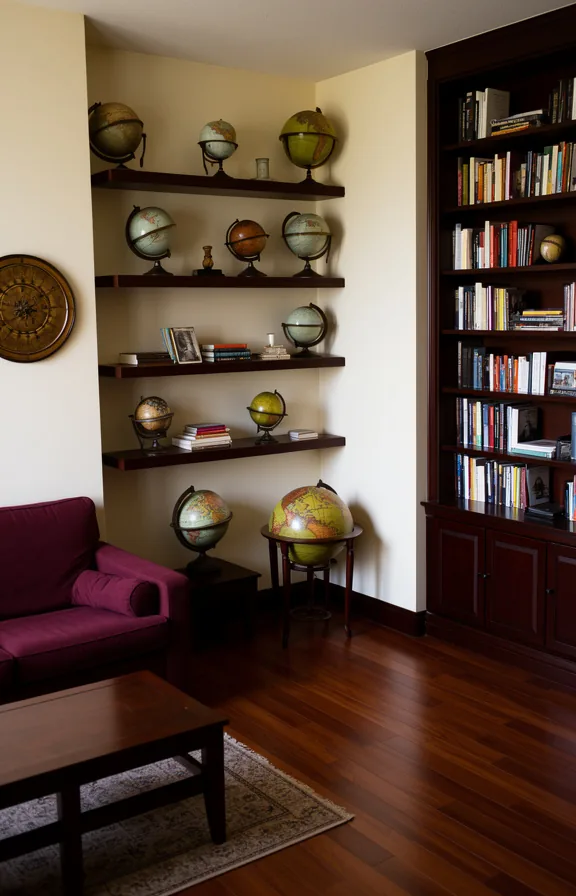 burgundy sofa nearby, dark wood bookshelf filled with volumes